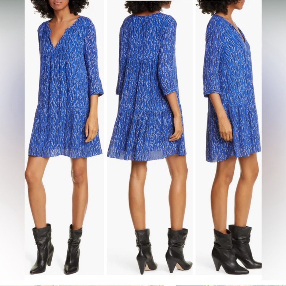 Ba&sh Blue Black Cale Leaf Print Long Sleeve Trapeze Dress size M